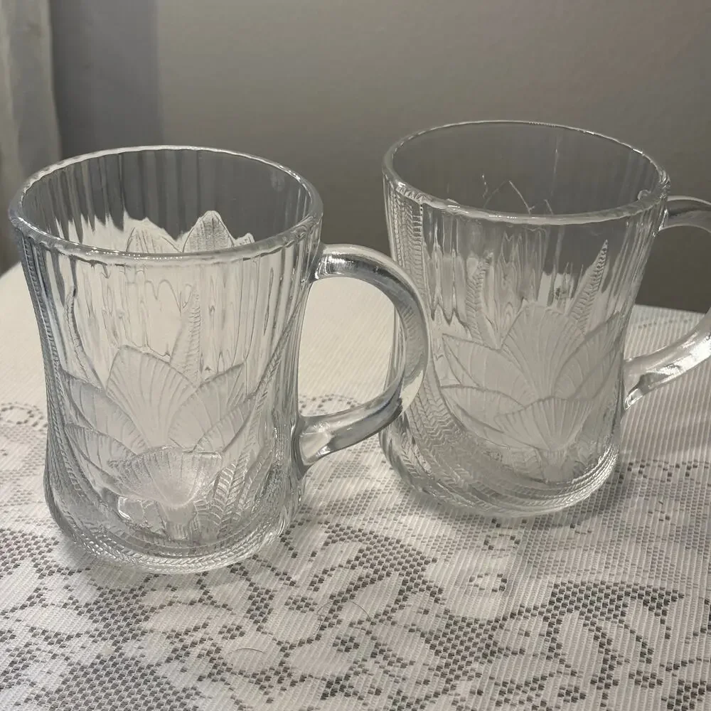 Vintage Arcoroc Canterbury Crocus France Clear Glass Mugs Set of 2 Coffee/ tea
